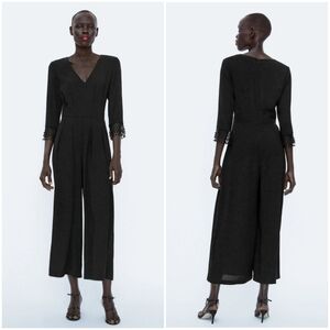 NWT Zara Black Long Sleeve Wide Leg Pleated Jumpsuit V-neck Beaded Cuffs